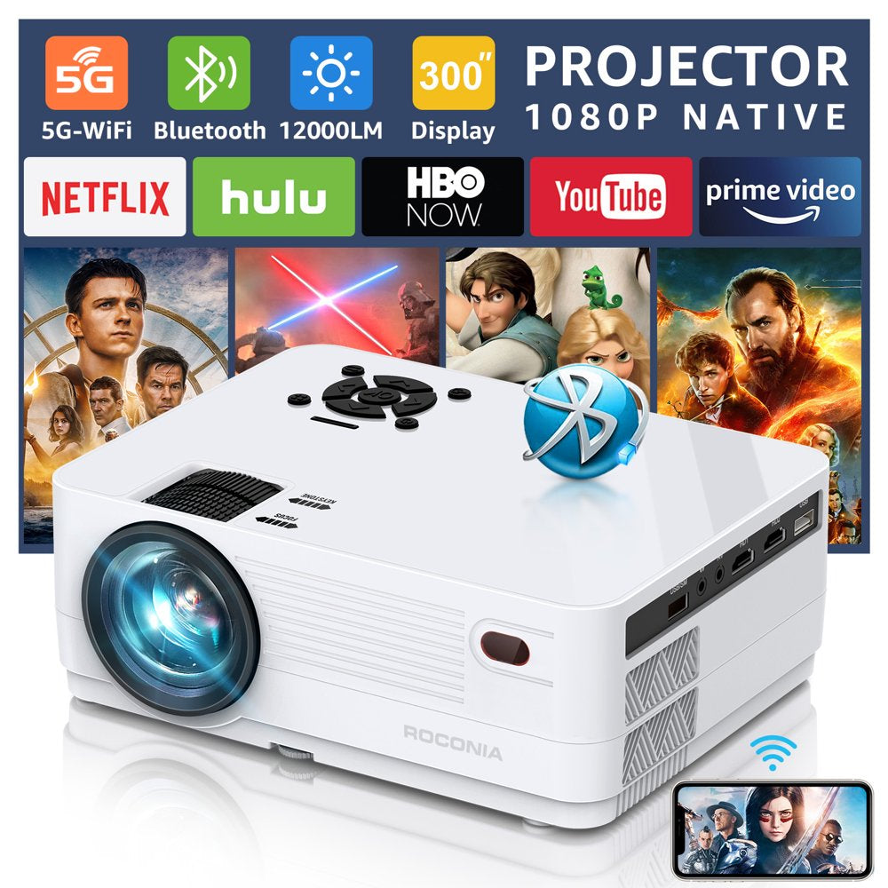 Native 1080P 5G Wifi Bluetooth Projector,12000Lm Full HD Movie Projector, LCD Technology 300" Display for Outdoor Movies Support 4K Home Theater,（Projector with Carrying Bag）