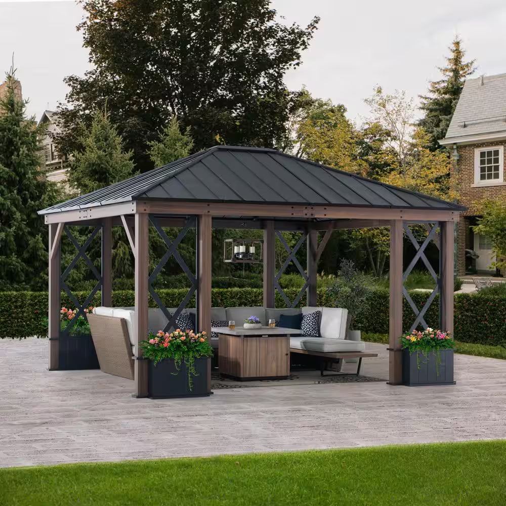 13 Ft. X 15 Ft. Hardtop Outdoor Black Steel Roof Aluminum Framed Gazebo with Planters