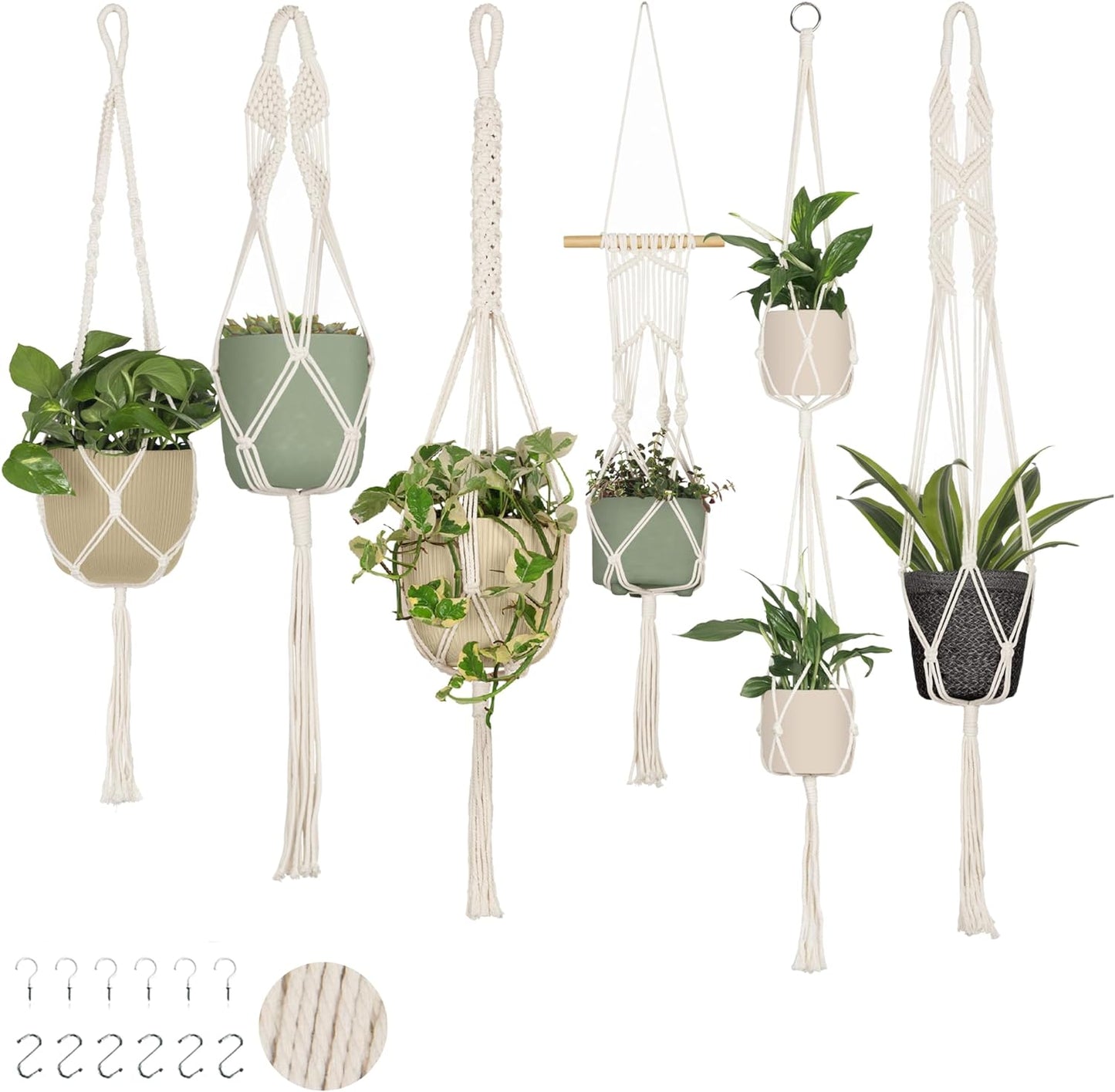 6-Pack Macrame Plant Hanger - 12 Ceiling Hooks - Plant Hanger Indoor - Hanging Plant Holder - Hanging Planters for Indoor Plants - Boho Plant Hanger - Plant Hangers Indoor (Cream)