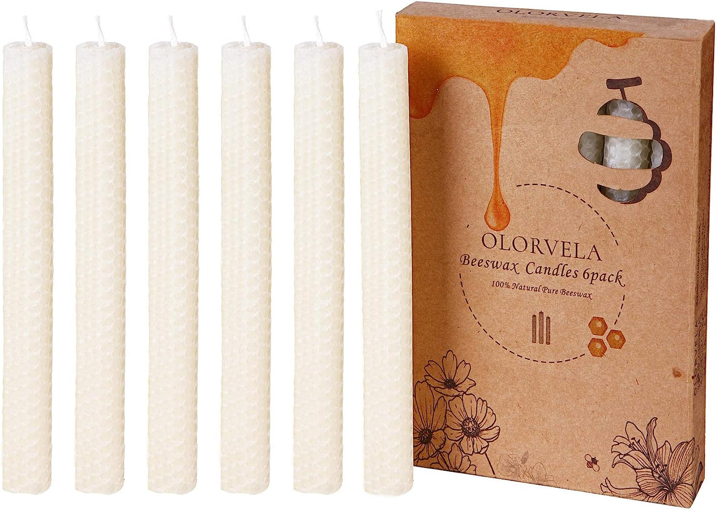 Beeswax Candles Handmade Taper Candles 6Pack 8" Hand-Rolled Candlesticks Made of 100% Pure Beeswax, Natural Scent Beeswax Tapers(Cream)