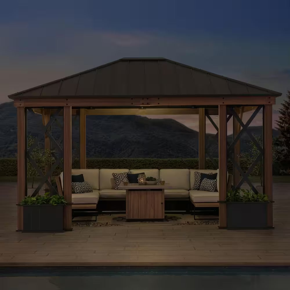 13 Ft. X 15 Ft. Hardtop Outdoor Black Steel Roof Aluminum Framed Gazebo with Planters