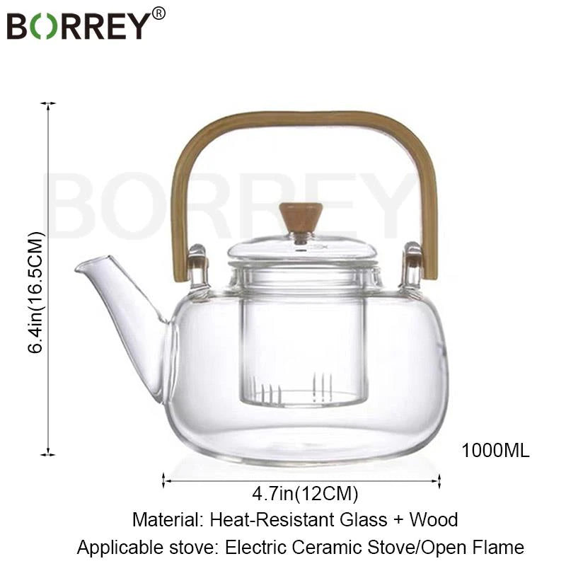 Handle Glass Teapot Heat-Resistant Teapot Flower Tea Kettle Large Clear Fruit Juice Container Ceramic Teapot Holder Base