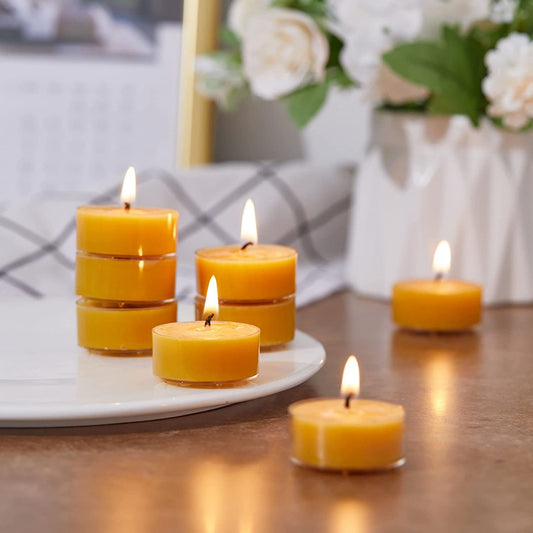 Beeswax Candles 24 Pack Tealight Candles Handmade of Pure Beeswax, 4 Hour Burn Time, Clear Cup Beeswax Tea Lights