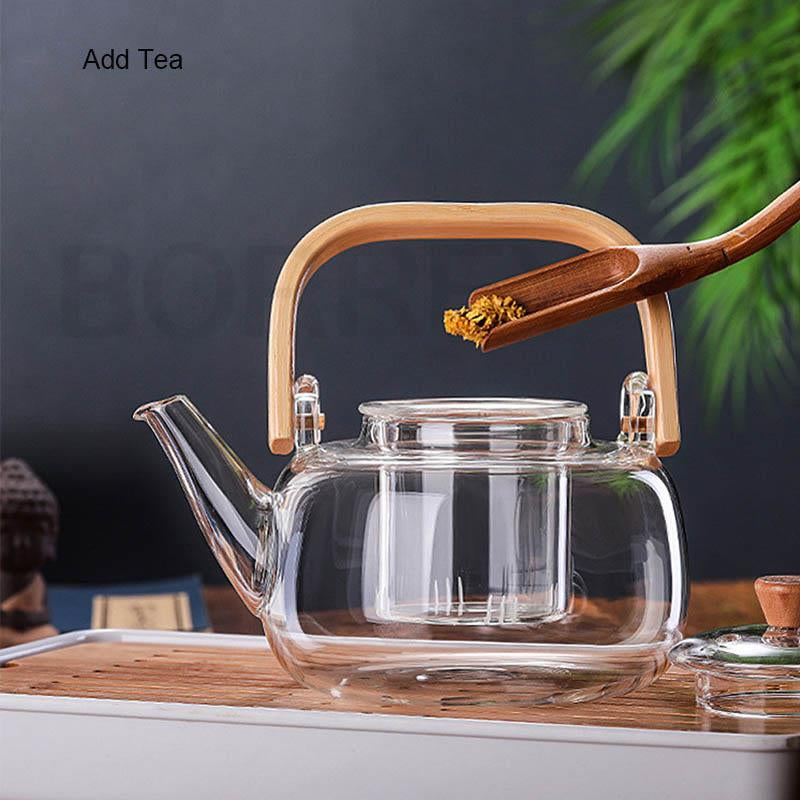 Handle Glass Teapot Heat-Resistant Teapot Flower Tea Kettle Large Clear Fruit Juice Container Ceramic Teapot Holder Base