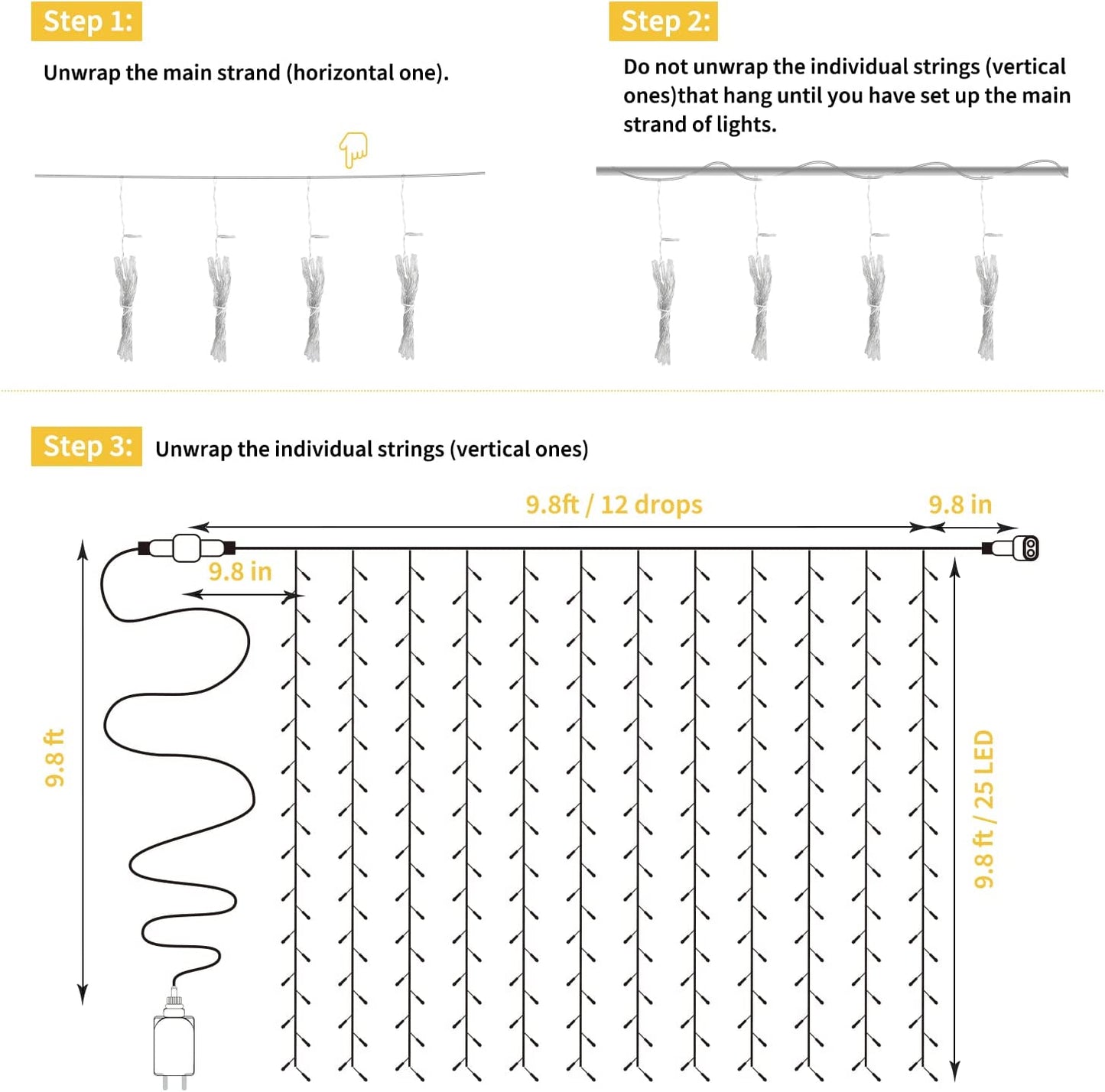 300 LED Curtain Lights for Bedroom 9.8 FT Hanging Window Lights with Remote, Connectable, 8 Modes, Waterproof Fairy Lights for Outdoor Indoor Christmas Holiday Party, Warm White