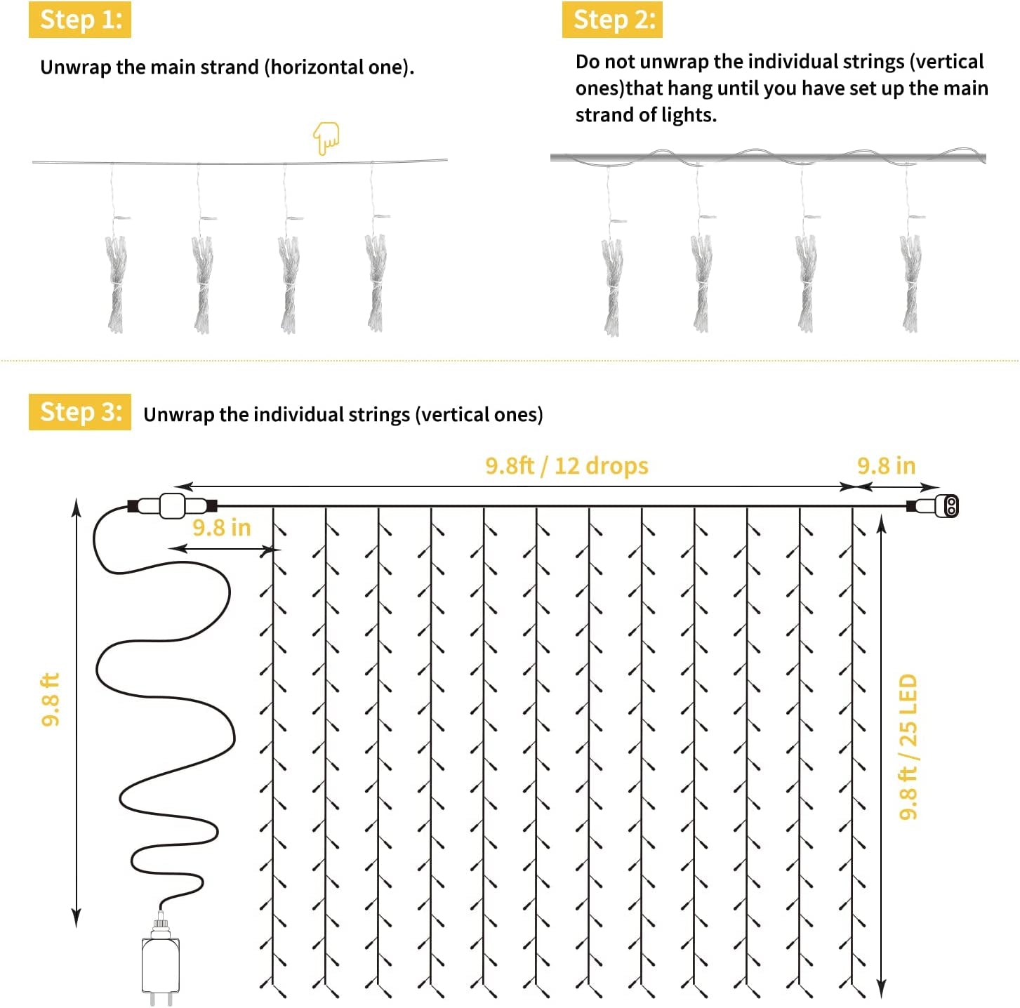 300 LED Curtain Lights for Bedroom 9.8 FT Hanging Window Lights with Remote, Connectable, 8 Modes, Waterproof Fairy Lights for Outdoor Indoor Christmas Holiday Party, Warm White