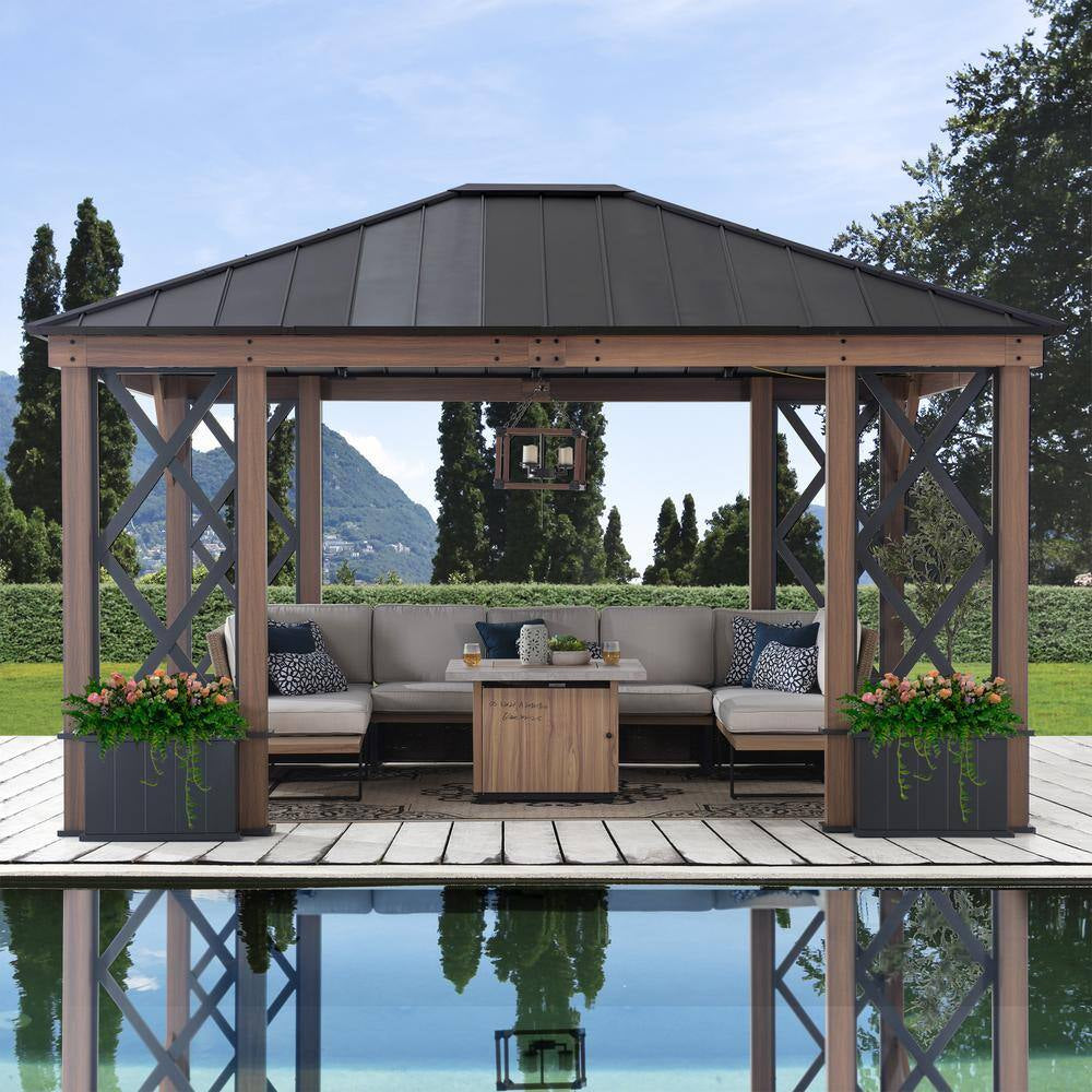 13 Ft. X 15 Ft. Hardtop Outdoor Black Steel Roof Aluminum Framed Gazebo with Planters