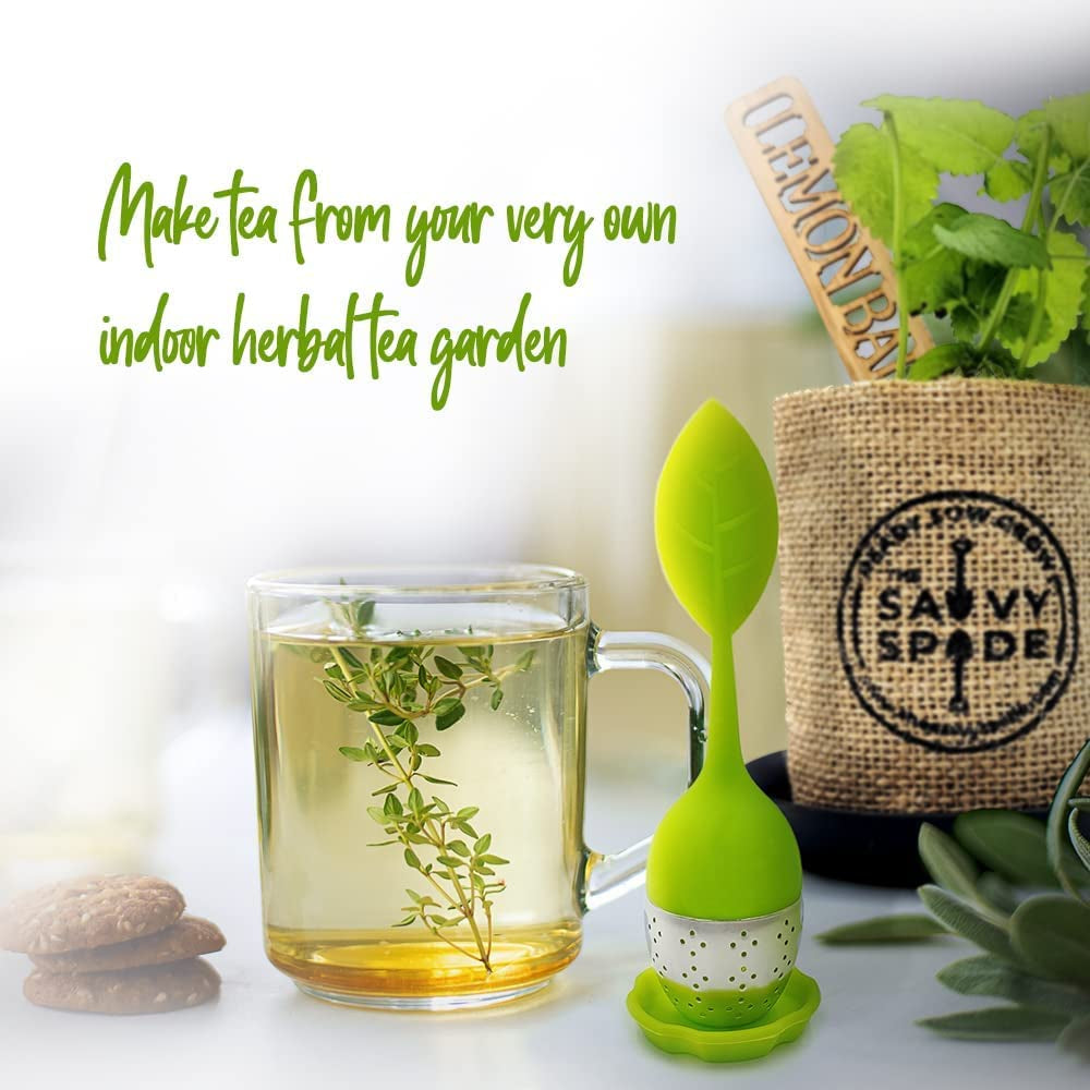 Tea Seeds Herb Garden Kit Indoor – Non-Gmo Heirloom Chamomile, Lavender, Mint, Lemon Balm Herbal Tea Seeds for Planting – Tea Making Kit W/Soil Amendments, Markers, Infuser – Gardening Gifts