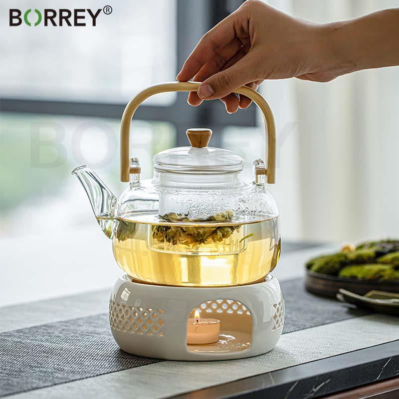 Handle Glass Teapot Heat-Resistant Teapot Flower Tea Kettle Large Clear Fruit Juice Container Ceramic Teapot Holder Base