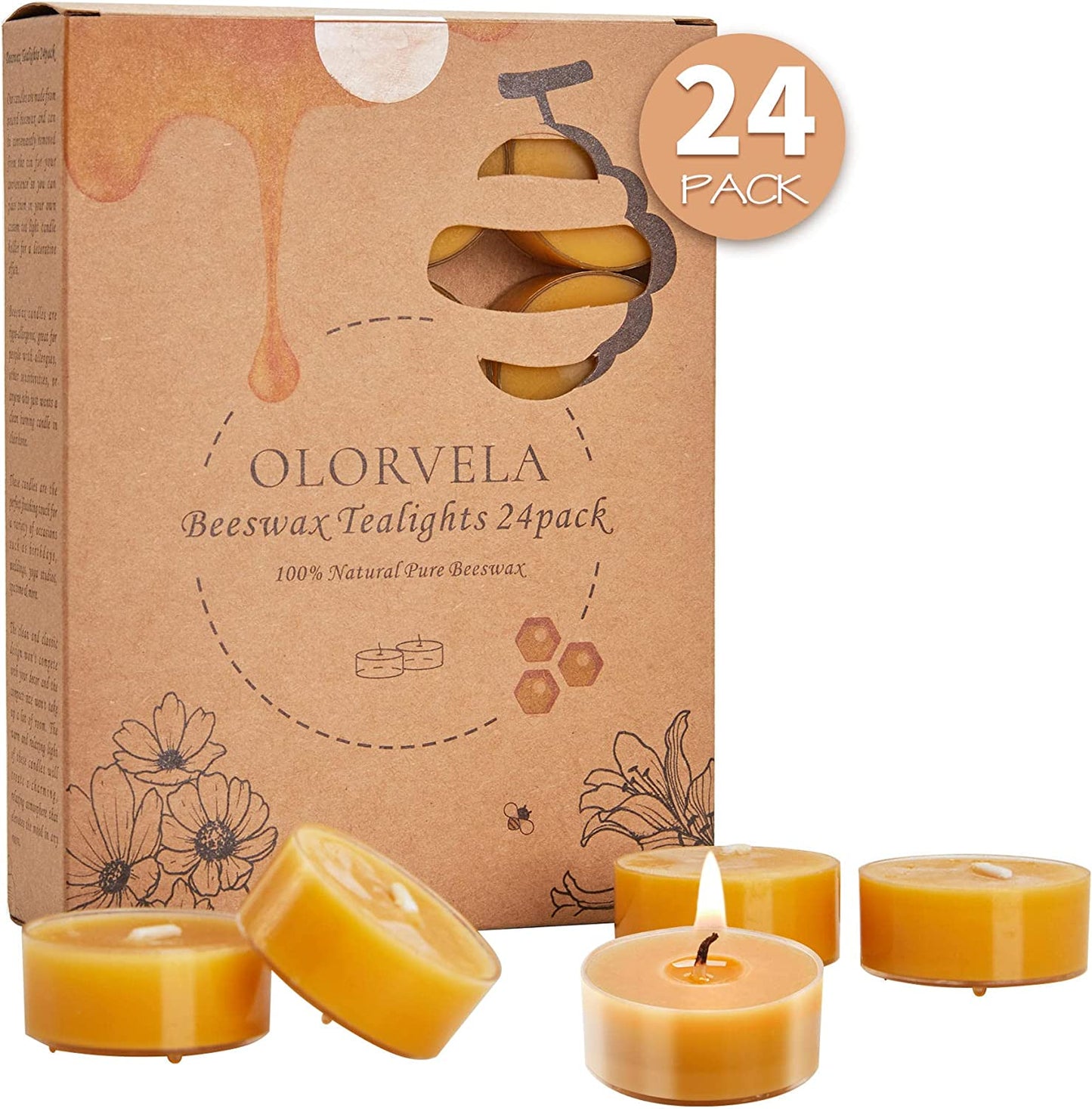 Beeswax Candles 24 Pack Tealight Candles Handmade of Pure Beeswax, 4 Hour Burn Time, Clear Cup Beeswax Tea Lights