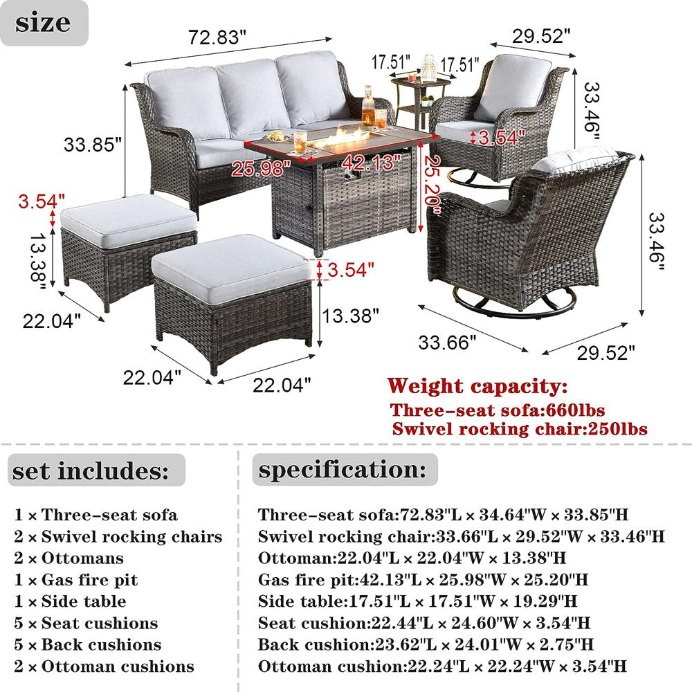 High-Back Outdoor Patio Furniture with Fire Pit 7 Pieces All Weather Wicker Conversation Furniture with Rocking Swivel Chair for Backyard