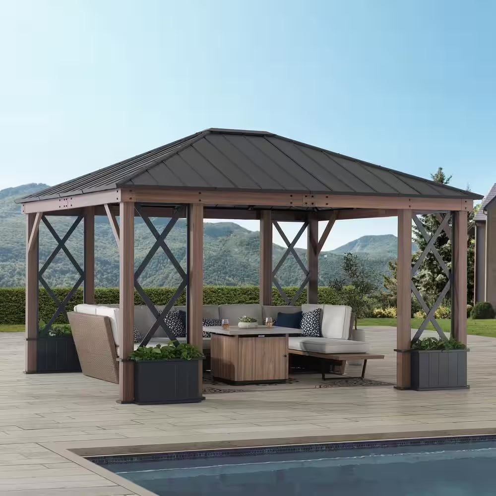 13 Ft. X 15 Ft. Hardtop Outdoor Black Steel Roof Aluminum Framed Gazebo with Planters