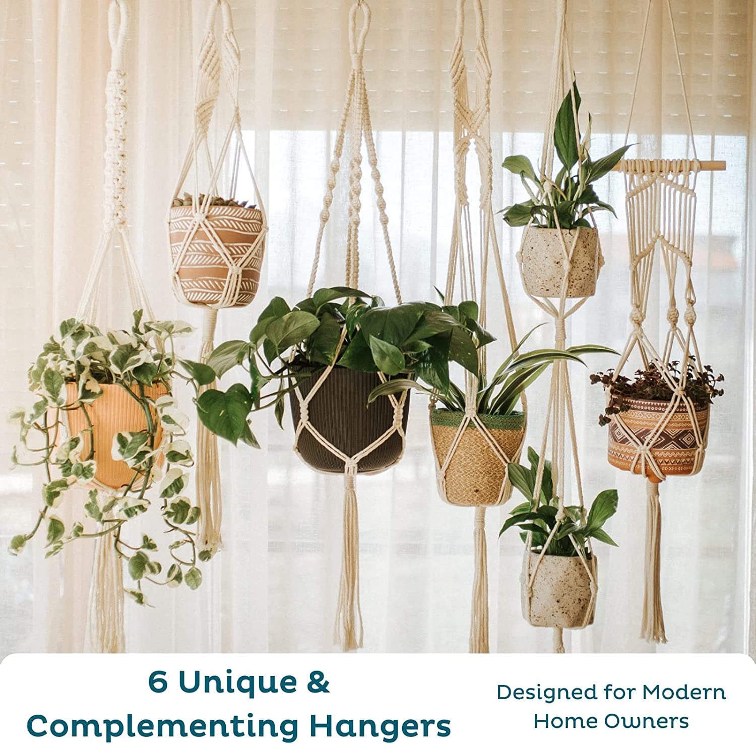 6-Pack Macrame Plant Hanger - 12 Ceiling Hooks - Plant Hanger Indoor - Hanging Plant Holder - Hanging Planters for Indoor Plants - Boho Plant Hanger - Plant Hangers Indoor (Cream)