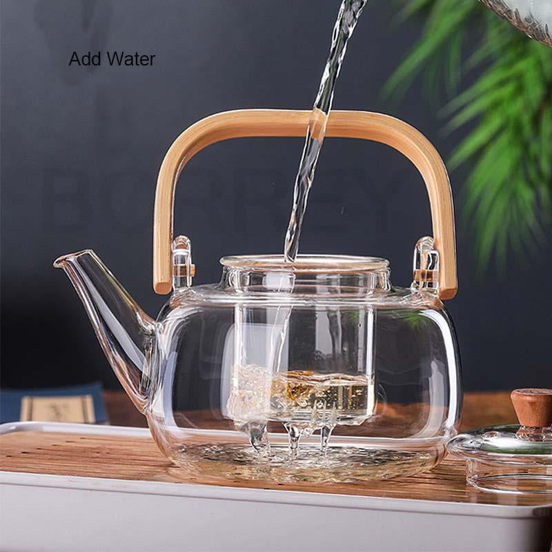 Handle Glass Teapot Heat-Resistant Teapot Flower Tea Kettle Large Clear Fruit Juice Container Ceramic Teapot Holder Base