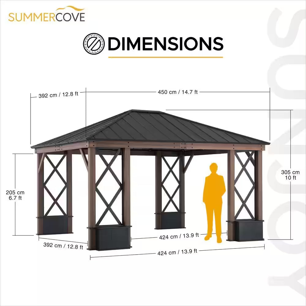 13 Ft. X 15 Ft. Hardtop Outdoor Black Steel Roof Aluminum Framed Gazebo with Planters