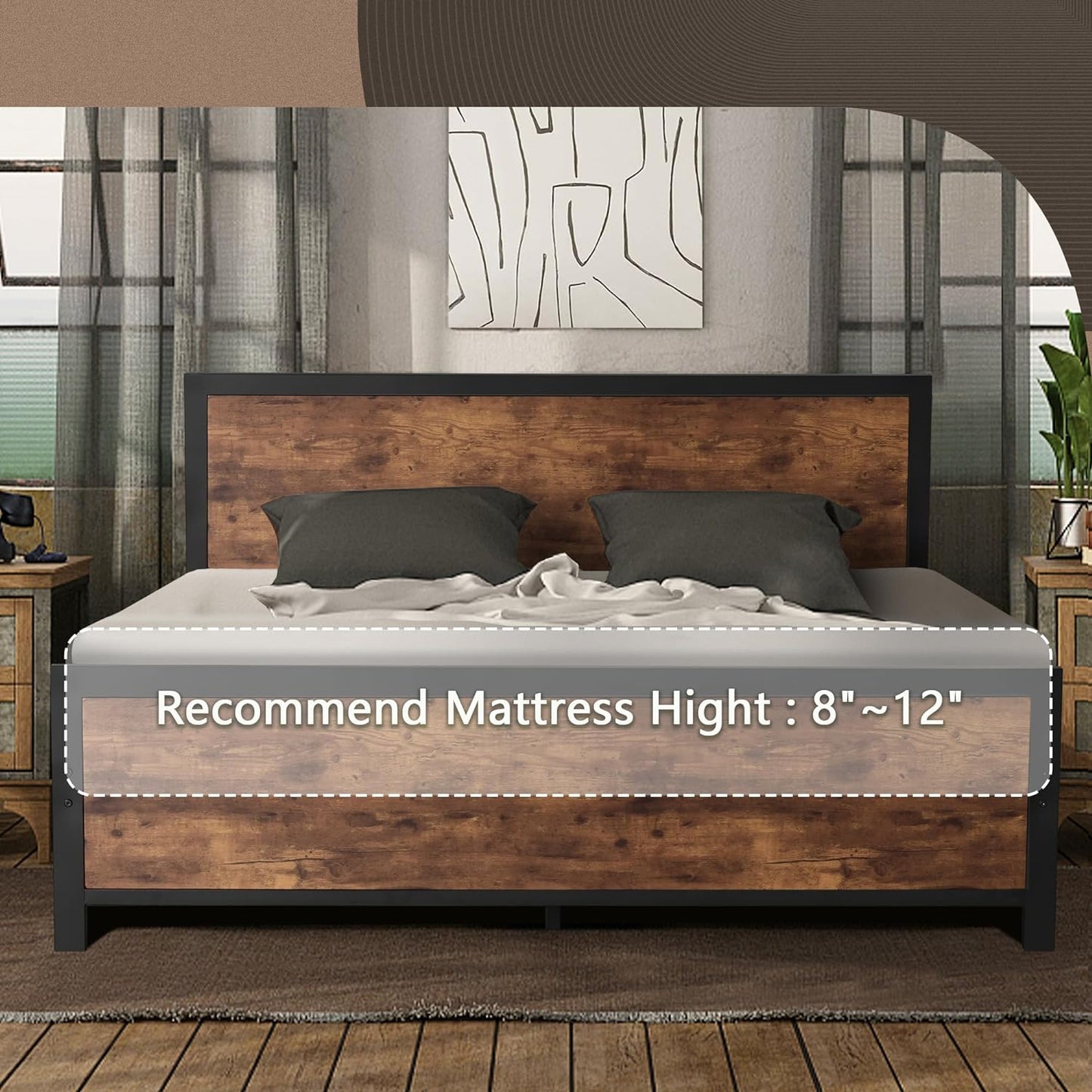 Queen Bed Frame with Headboard, Heavy Duty Platform Bed Frame Queen Size with 13 Strong Metal Slats Support & 11'' Under-Bed Storage, No Noise, Easy Assembly, Rustic Brown