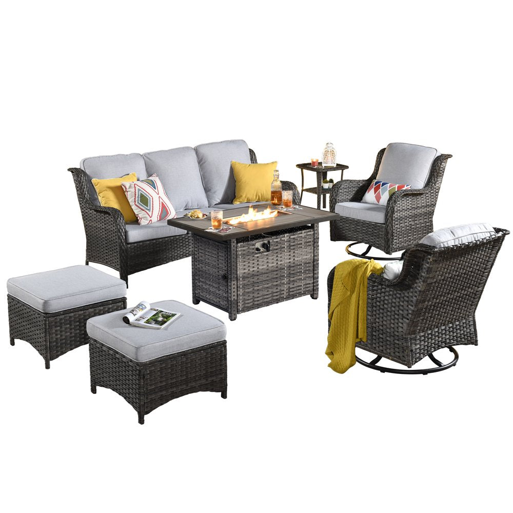 High-Back Outdoor Patio Furniture with Fire Pit 7 Pieces All Weather Wicker Conversation Furniture with Rocking Swivel Chair for Backyard